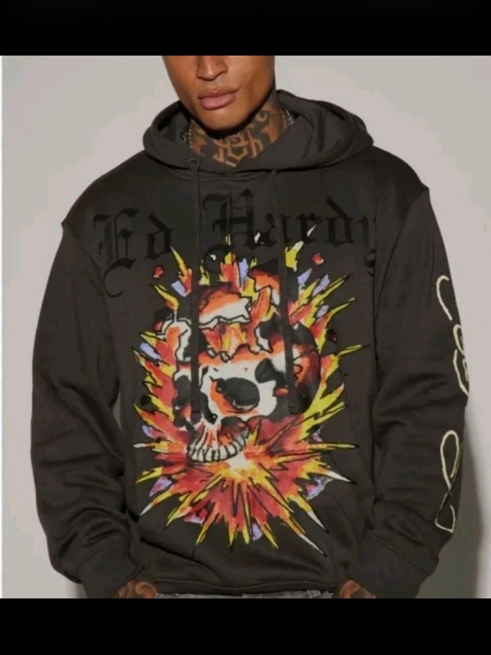 Ed Hardy Black Hoodie with Multicolor Explosive Skull Graphic